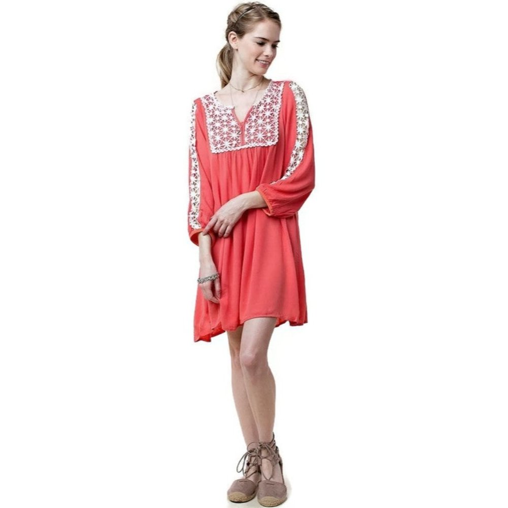 Kori America Lace Peasant Dress, Coral